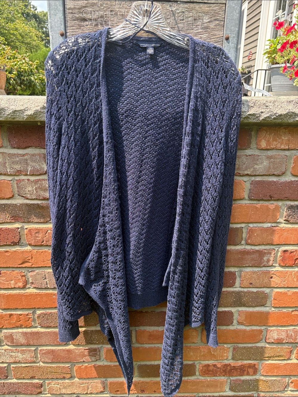American Eagle Outfitters Navy and Metallic Threaded-Open-Front Knit Cardigan